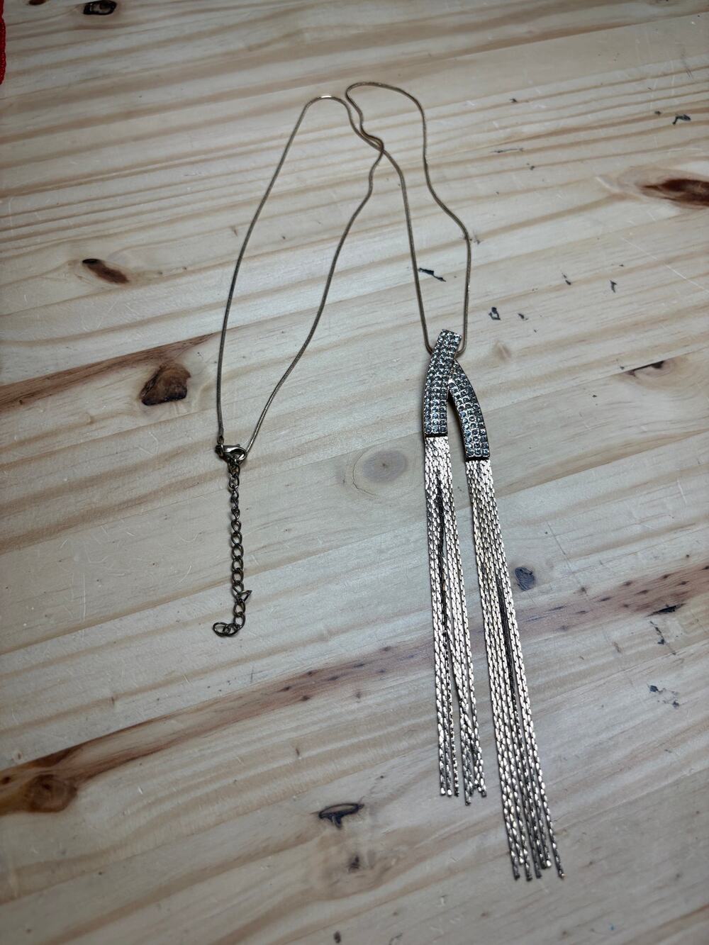 Multi Crystal Rhinestone Necklace Long Fringe Gold Tone Y Drop